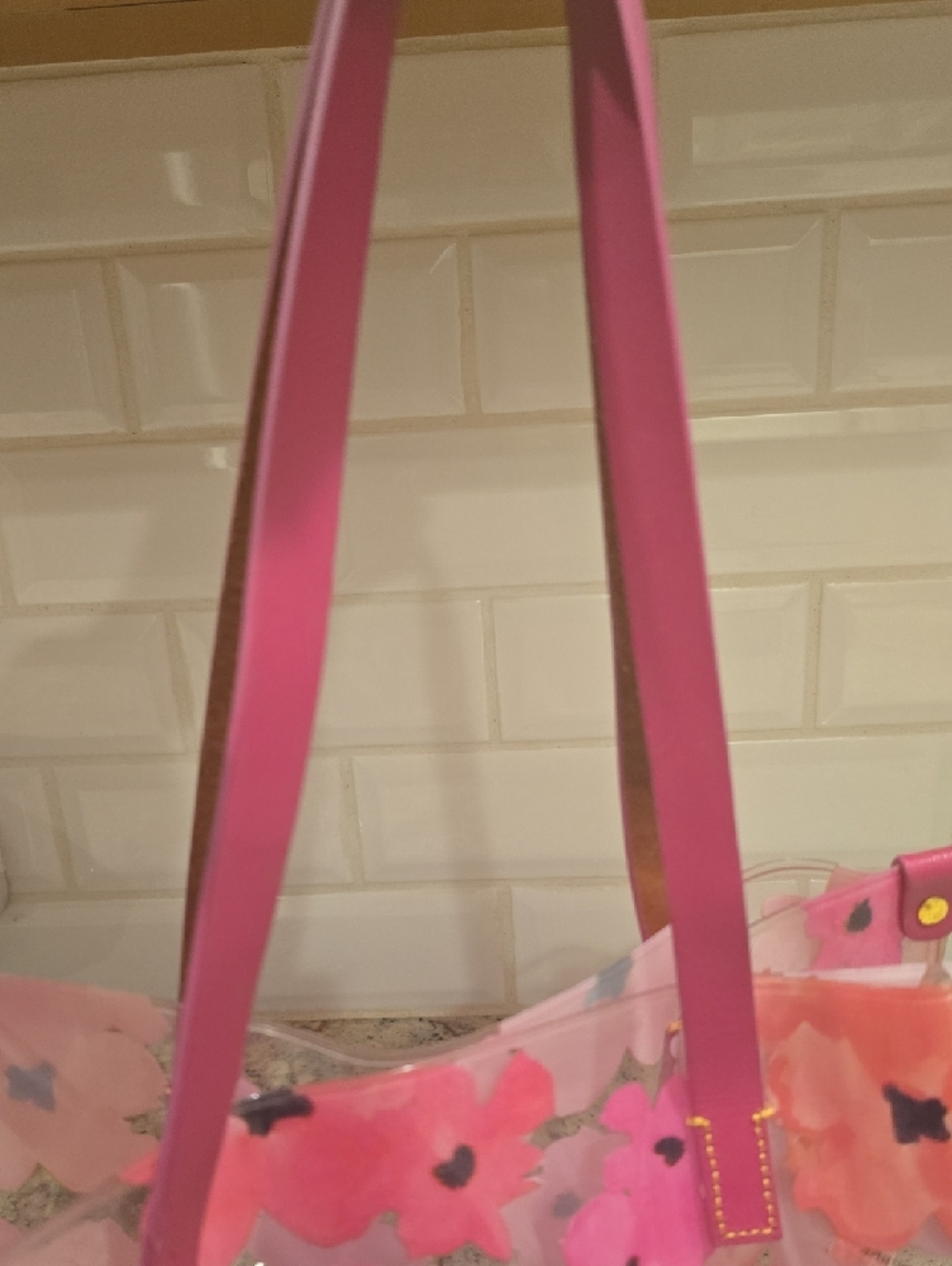 Beautiful Dooney And Bourke Pink Floral Clear Shopper with Leather Handles - Picture 4 of 16